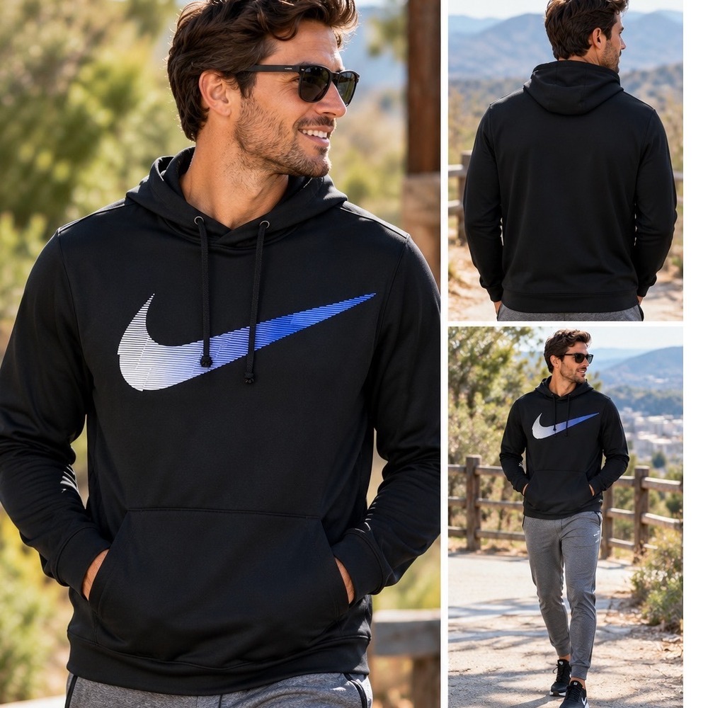Nike Dri-FIT Mens Medium Black Hoodie Blue Gradient Swoosh Pullover Activewear